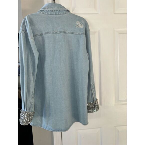 Retrofête Women's M Blue Denim Rhinestone Cuff Button-Up Shirt M - Picture 13 of 14